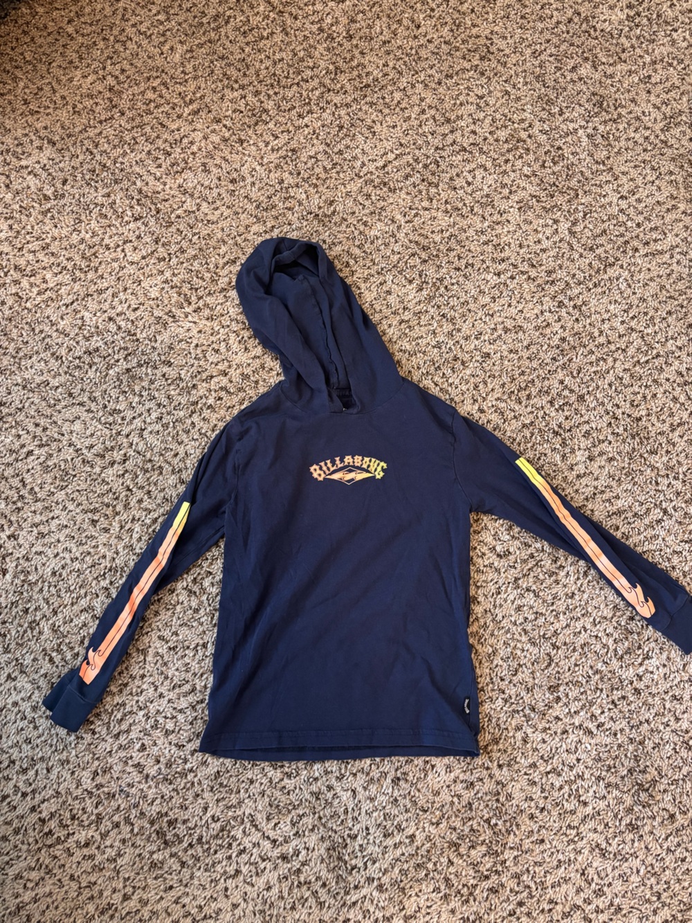 Billabong Navy Hooded Long Sleeve Tee with Yellow & Peach Sleeve Stripes
